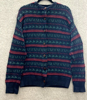 Handknit 100% Cotton Equestrian Cardigan Sz M Blue Horseshoe Riding Novelty USA